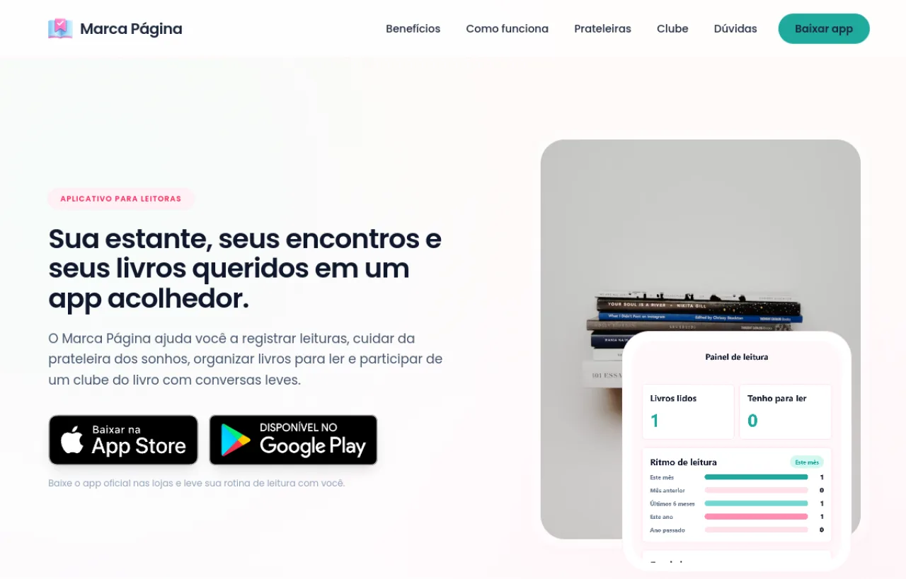 Página inicial do aplicativo Marca Página