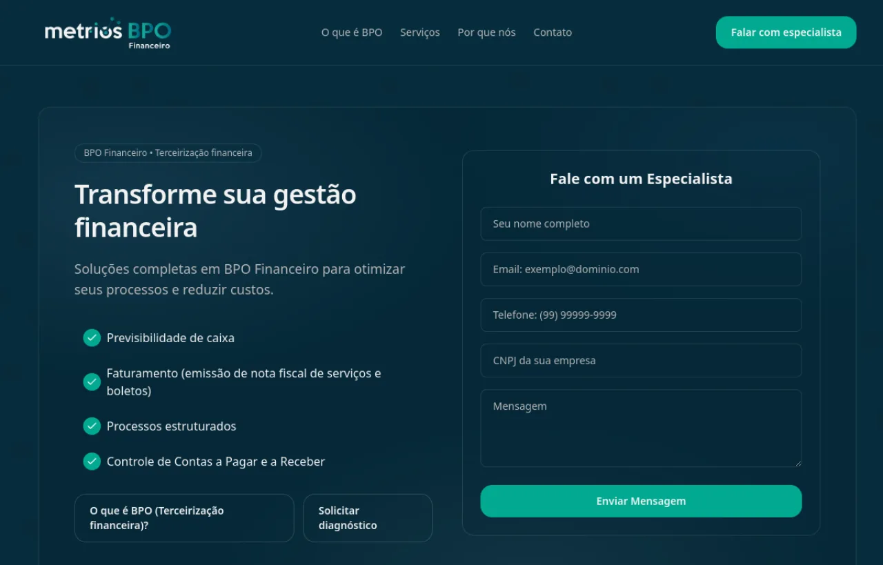 Página inicial do site Métrios Consultoria